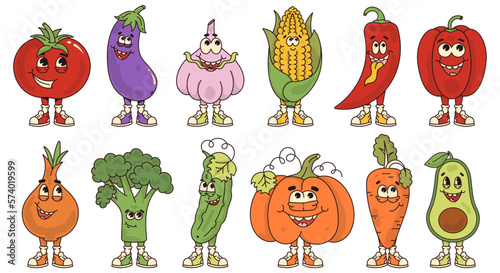 Set retro cartoon vegetables characters. Modern illustration with cute comics characters. Hand drawn doodles of comic characters. Set in modern cartoon style. 70s retro vibes.