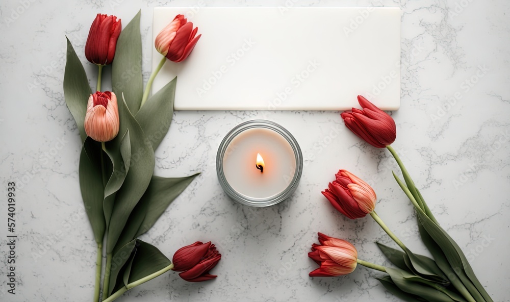 a candle and some flowers on a marble table with a card. generative ai a candle and some flowers on a marble table with a card. generative ai