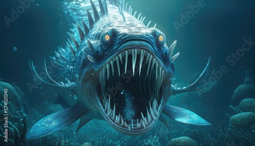 Enormous Sea Creature with Open Mouth and Jagged Teeth, AI Generative photo