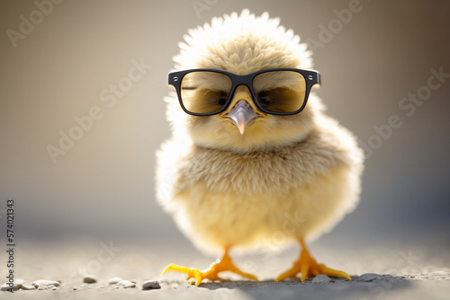 Cute spring baby chick wearing cool sunglasses.