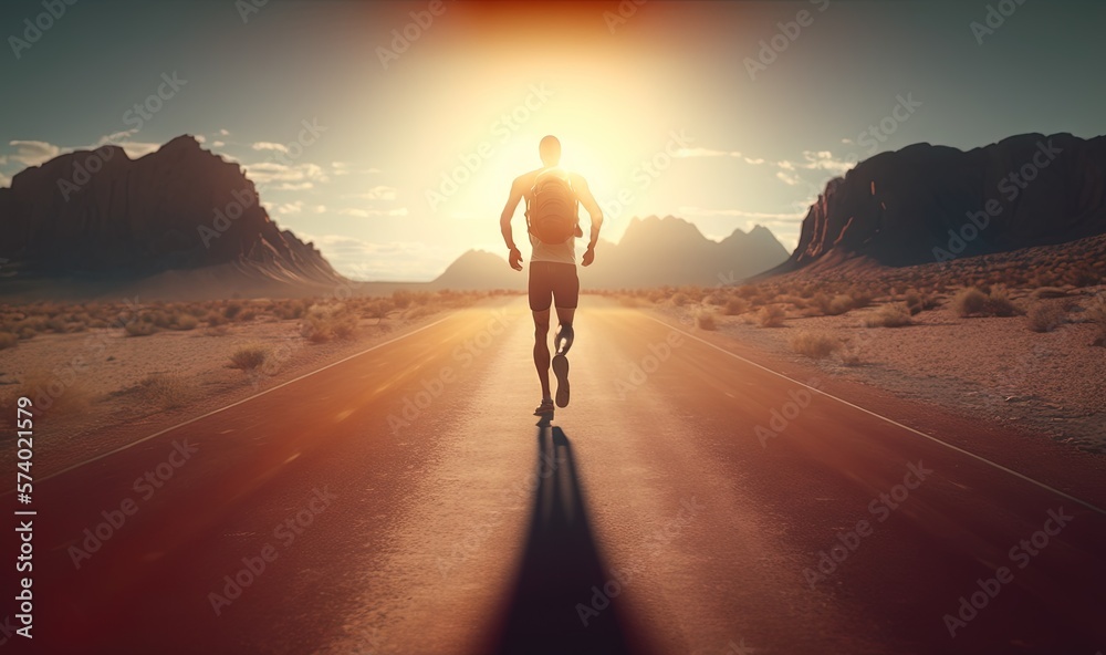  a man is running down a road in the desert at sunset.  generative ai