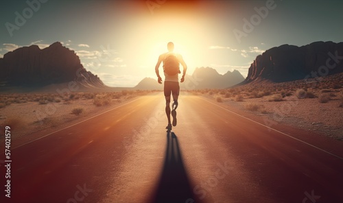  a man is running down a road in the desert at sunset.  generative ai © Shanti
