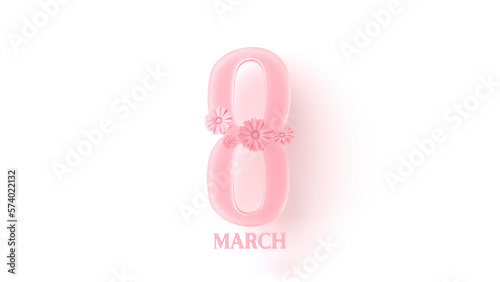 Number eight, 8 made from pink flowers, World Women's Day card. 3d render, happy women's day