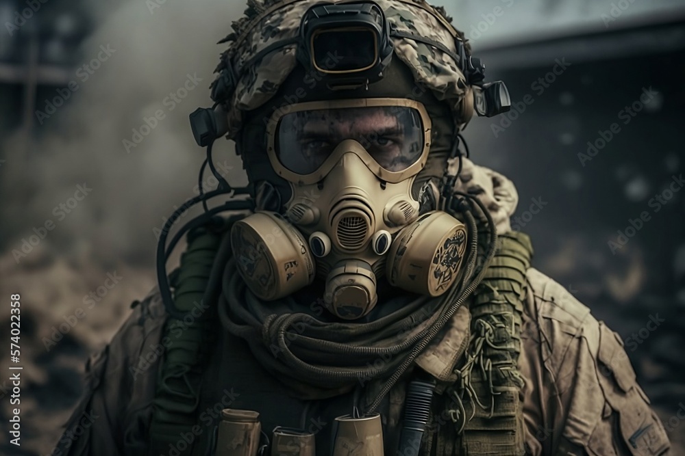 Soldier with a gas mask, mission created with Generative AI technology
