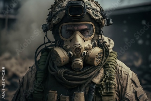 Soldier with a gas mask, mission created with Generative AI technology  © ZZMC