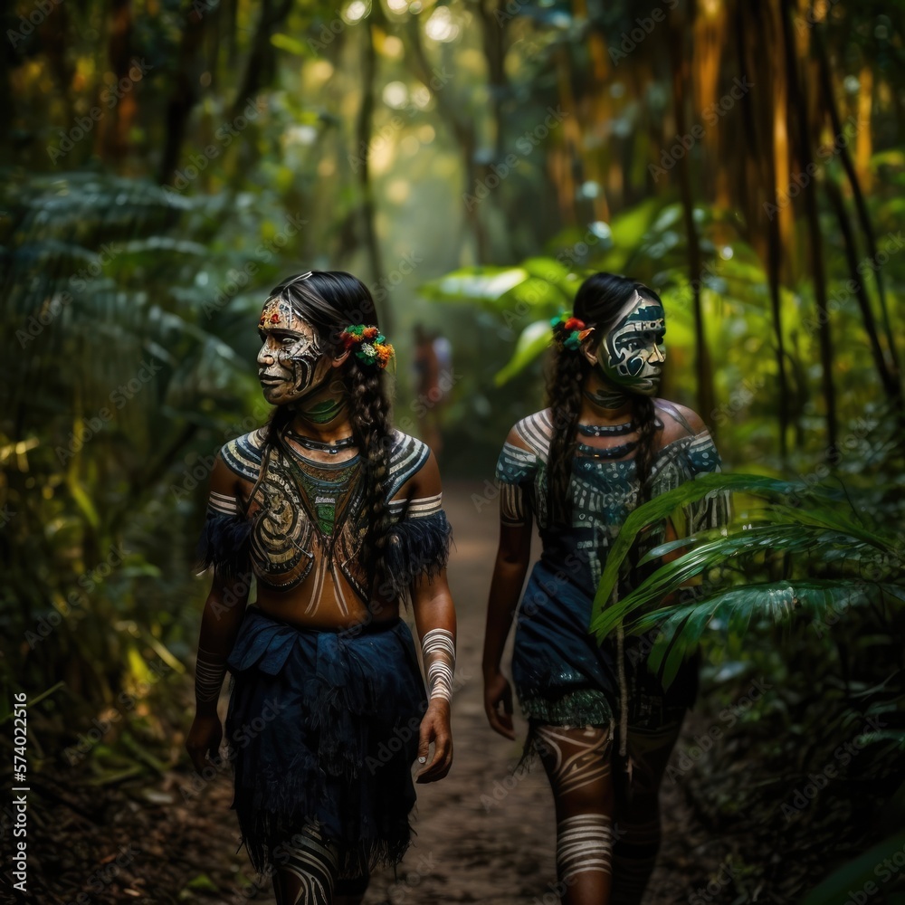 two beautiful amazon tribe women walking in the jungle on the river ai generated image two beautiful amazon tribe women walking in the jungle on the river ai generated image