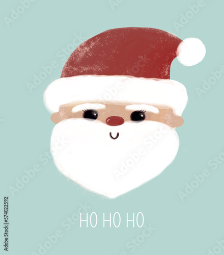 Christmas Card with Santa Claus. Cute Hand Drawn Winter Holidays Vector Illustration. Funny Santa Claus and Hanwritten Ho Ho Ho on a Light Mint Blue Background. Lovely Winter Time Print.
