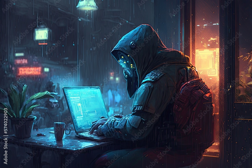 hacker robot working with laptop, raining city, neon lights, cyberpunk style. Generative AI. hacker robot working with laptop, raining city, neon lights, cyberpunk style. Generative AI.