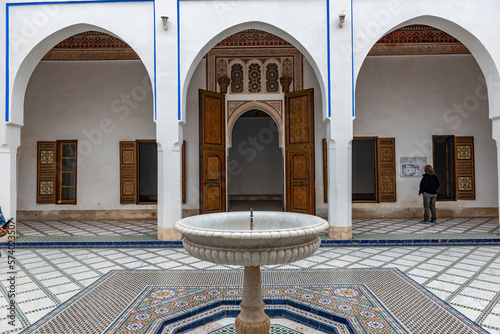 Bahia Palace with Traditional Arabic Tiles and Fountain, Marrakesh in Morocco.
