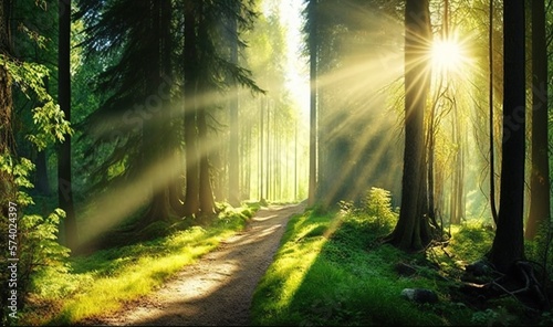 Foto the sun shines through the trees in the forest on a sunny day