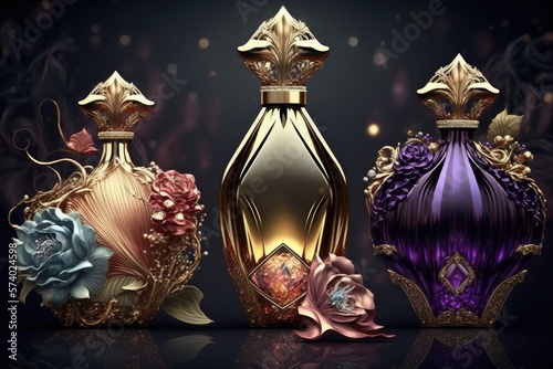 Elegant multicolored glass perfume bottles with intricate floral patterns and ornaments. Beautifly lighted. AI-generated photo