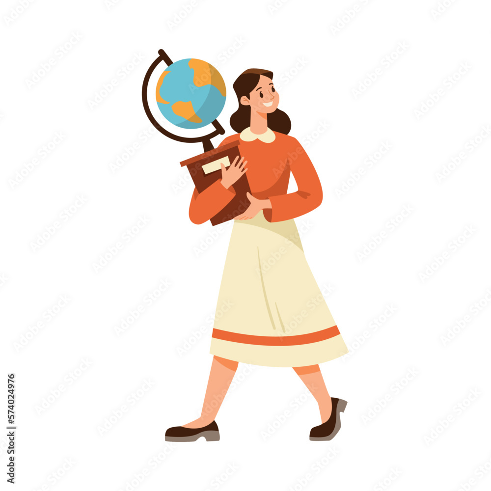 Woman Geography Teacher Character Walking with Globe Vector Illustration Woman Geography Teacher Character Walking with Globe Vector Illustration