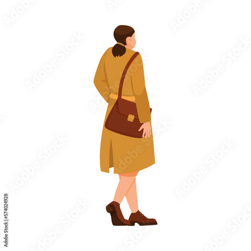 Woman Teacher Character in Coat with Bag on Shoulder Walking Back View Vector Illustration