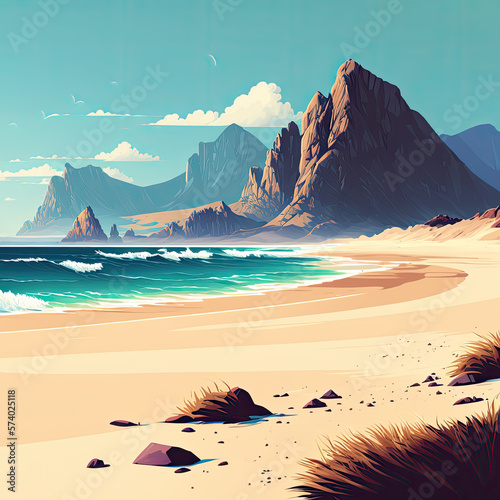 Idyllic sandy tropical beach sea landscape  ocean seashore. Paradise island panorama with  mountains and sky  exotic resort summer vacation cartoon concept illustration. Generative AI.