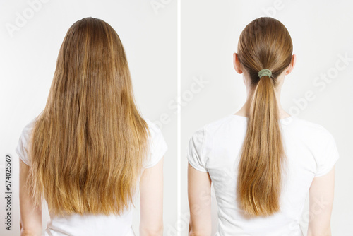 Closeup before after loose hair, pony tail back view isolated on white background. Quick and easy Hair-styles for clean long hair. A young woman with blond tied ponytail. Lazy home made hairstyles.