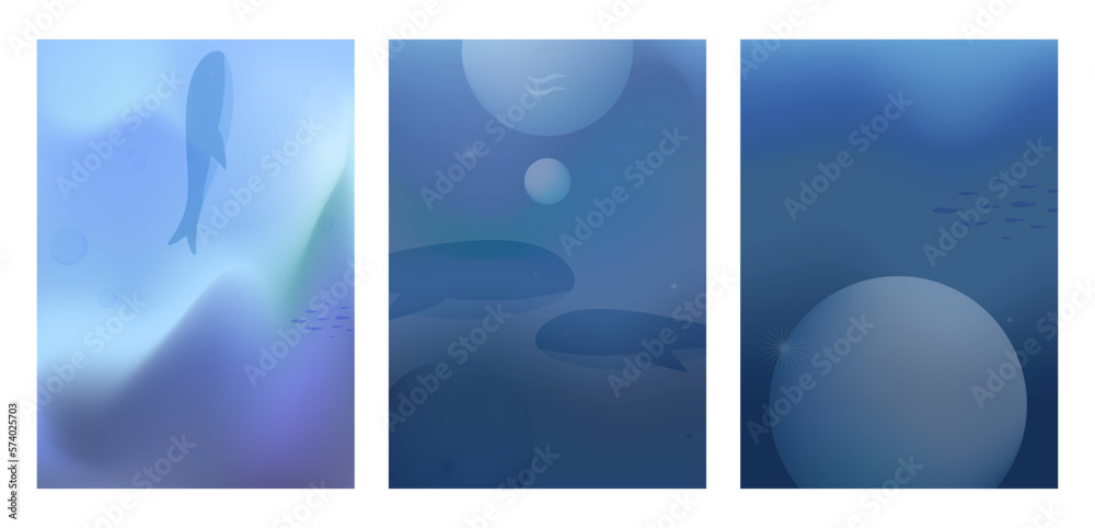 Set of 3 A4 gradient background for banner, poster, cover, flyer. Ocean with whales and fish. Blue ocean.