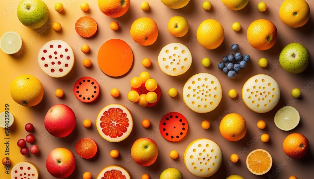 a variety of fruits are arranged on a yellow background with a shadow. generative ai a variety of fruits are arranged on a yellow background with a shadow. generative ai