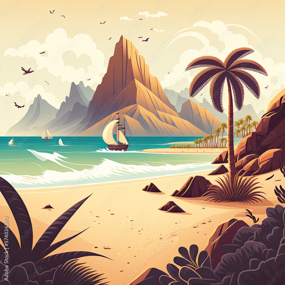 Idyllic sandy tropical beach sea landscape, ocean seashore. Paradise island panorama with palm tree, mountains and sky, exotic resort summer vacation cartoon concept illustration. Generative AI.
