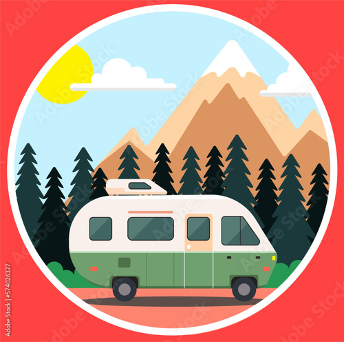 camping in the mountains. vector illustration of a van in the forest with mountains in the background. Van life