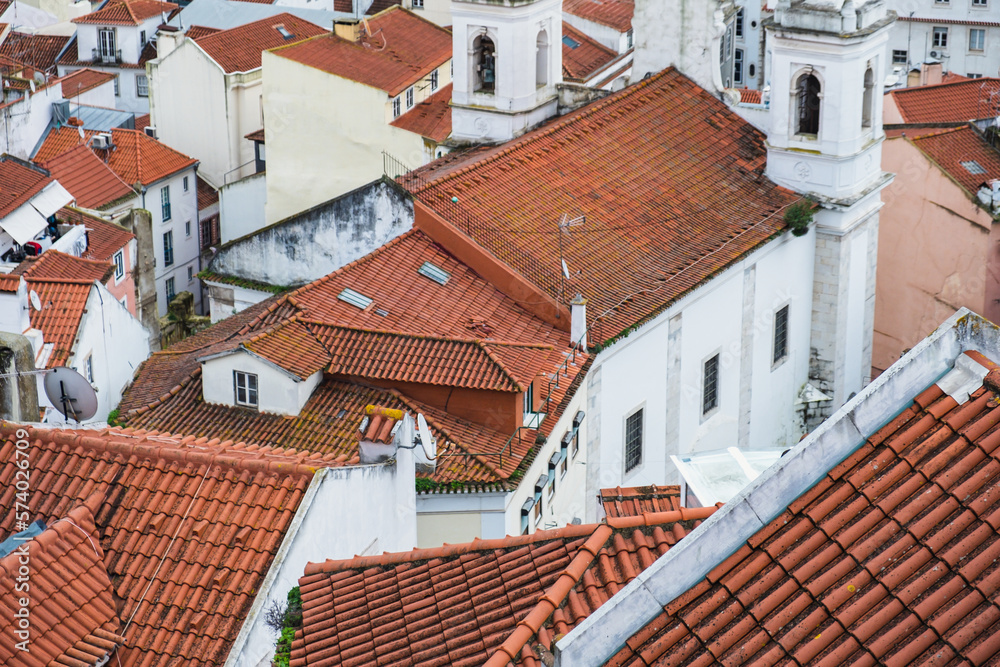 Lisbon Graca district houses and rooftops, panoramic view, background, Portugal