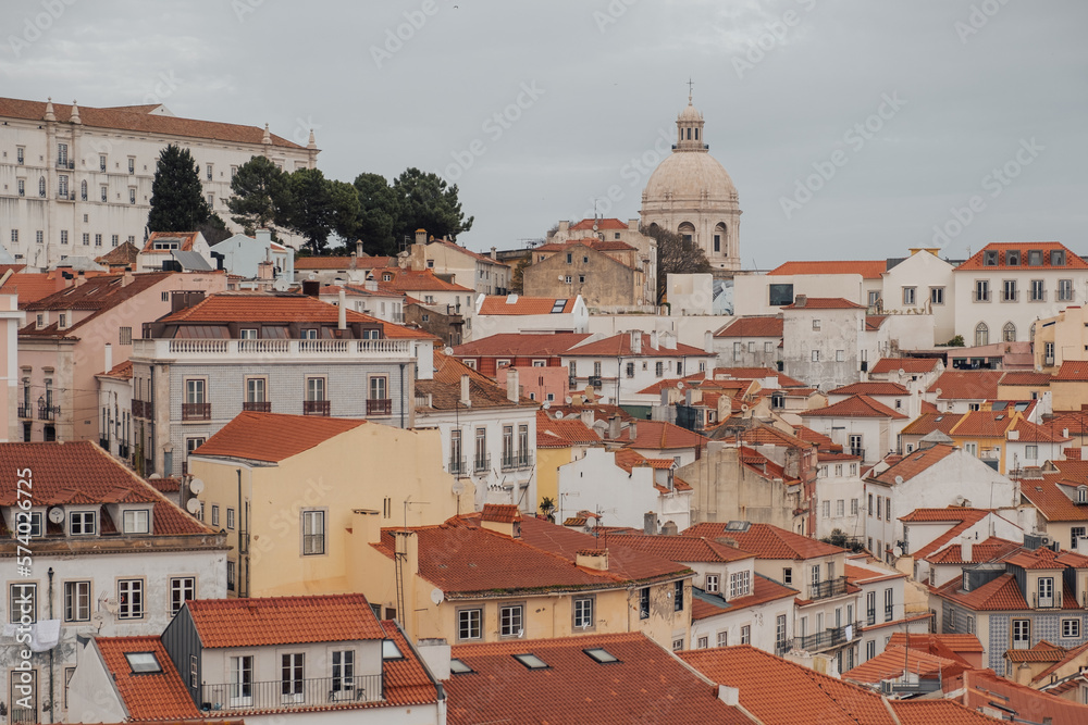 Lisbon Graca district houses and roof tops, panoramic vie, Portugal