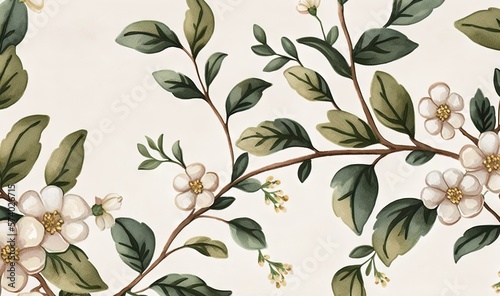  a painting of flowers and leaves on a white wallpaper.  generative ai