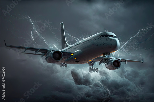 airplane in cloudy sky with lightning