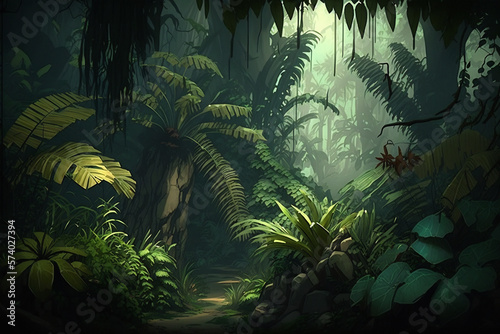 Dreamy fantasy deep jungle lush vegetation  digital illustration