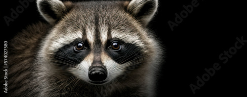 Close up of a raccoon on black background, Image of a raccoon head with big eyes created with generative ai