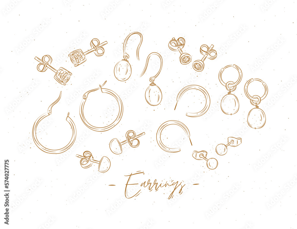 Earrings from precious metals with diamonds and pearls drawing in graphic style on beige background.