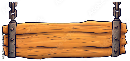 Ilustração cartoon de placa de madeira medieval. Placa de tábua com armação de ferro e correntes metal da época medieval. Arte digital de letreiro vazio photo