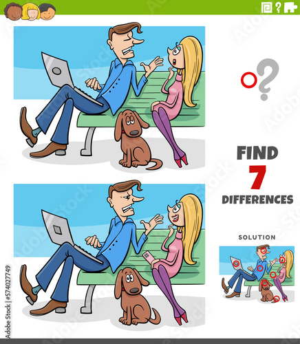differences game with cartoon couple in the park with dog