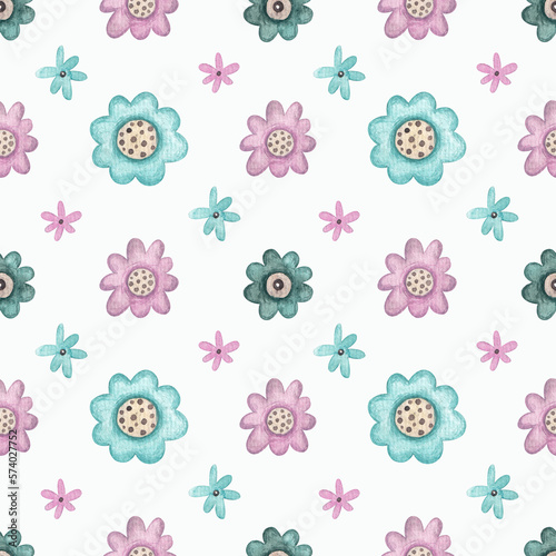 Seamless pattern with pink and blue flowers on a white background. Watercolor illustration. Spring. Nature. Natural. Print on fabric and wrapping paper. Wallpaper. Art. Design. Gentle. Summer.