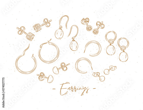 Earrings from precious metals with diamonds and pearls drawing in graphic style on beige background.
