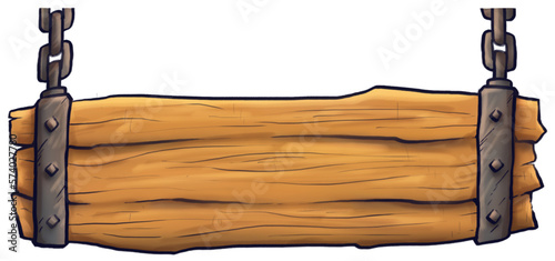 Ilustração de placa de madeira medieval. Placa de tábua com armação de ferro e correntes metal. photo