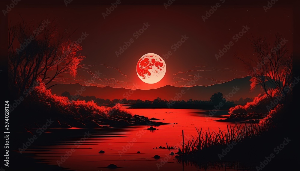 Lake landscape with a red moon, 4k wallpaper Stock Illustration | Adobe
