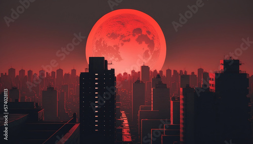 City at night with red moon  4k Wallpaper