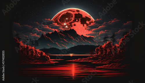Lake landscape with a red moon, 4k wallpaper
