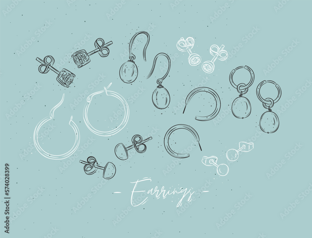 Earrings from precious metals with diamonds and pearls drawing in graphic style on turquoise background. Earrings from precious metals with diamonds and pearls drawing in graphic style on turquoise background.