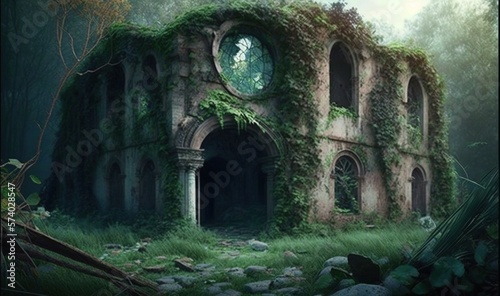  a painting of a ruined building in a forest with a broken window. generative ai