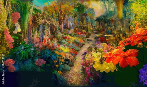  a painting of a garden filled with lots of flowers and plants.  generative ai