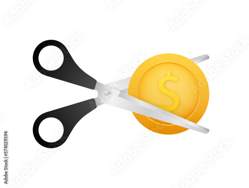 Scissors cutting money bill in flat style. Price, cost reduction or cut price. Vector stock illustration.