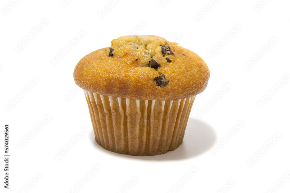 Muffins with chocolate flecks isolated on a white background. Muffins are made mainly from wheat flour, egg, vegetable oil, cow's milk, baking powder, essence (vanilla being the most common) and sugar Muffins with chocolate flecks isolated on a white background. Muffins are made mainly from wheat flour, egg, vegetable oil, cow's milk, baking powder, essence (vanilla being the most common) and sugar