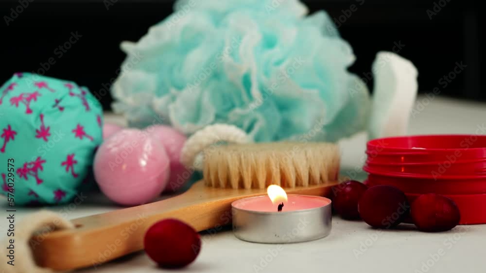 Preparing relaxing beauty treatments with soap and candle Preparing relaxing beauty treatments with soap and candle
