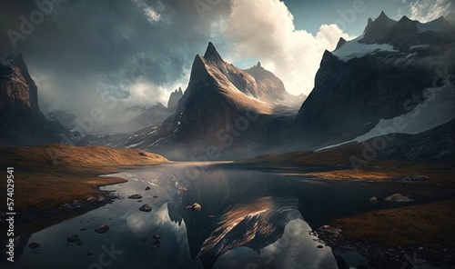  a painting of a mountain range with a lake in the foreground.  generative ai © Anna