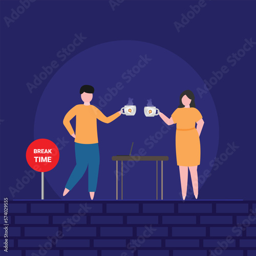 Time to take a break, coffee break time to relax and refresh from long stress interval, free from bored, sleepy and fatigue concept, relax businessman with a cup of coffee or tea with alarm clock.