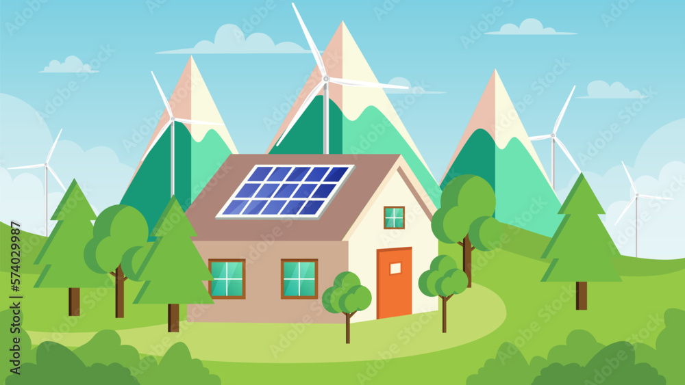 Vector illustration of Village House that generate electric energy from renewable sources like solar panels and wind turbines.
