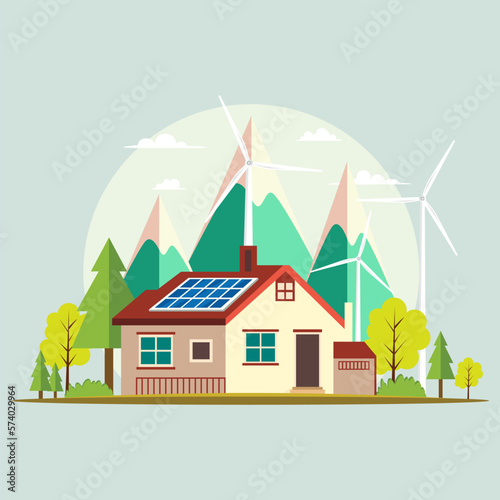 Vector illustration of clean energy from renewable sources sun and wind. Modern Village House that generate electricity from solar panels and wind turbines.
