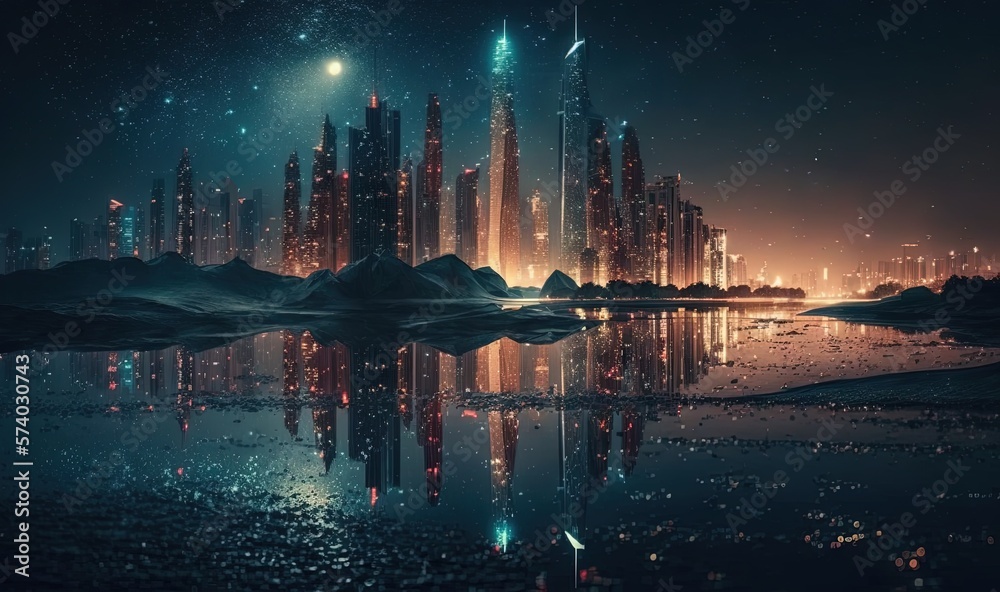  a futuristic city at night with a reflection in the water.  generative ai
