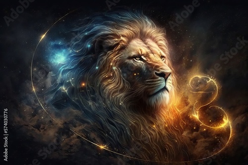 Zodiac sign of Leo  with magic light in space. Generative AI 